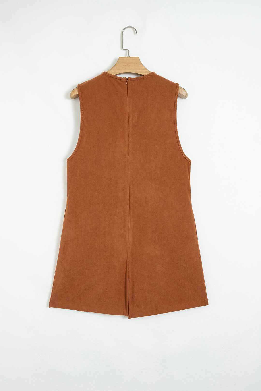 Cinnamon Solid Color Tie V Neck Sleeveless Corduroy Romper