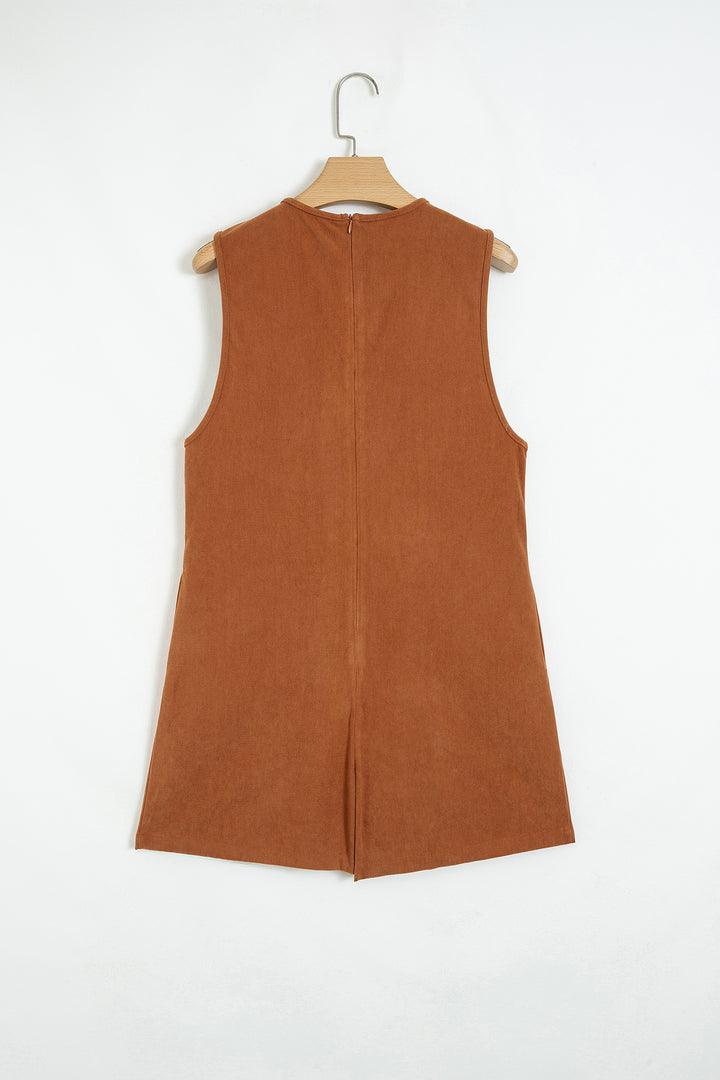 Cinnamon Solid Color Tie V Neck Sleeveless Corduroy Romper