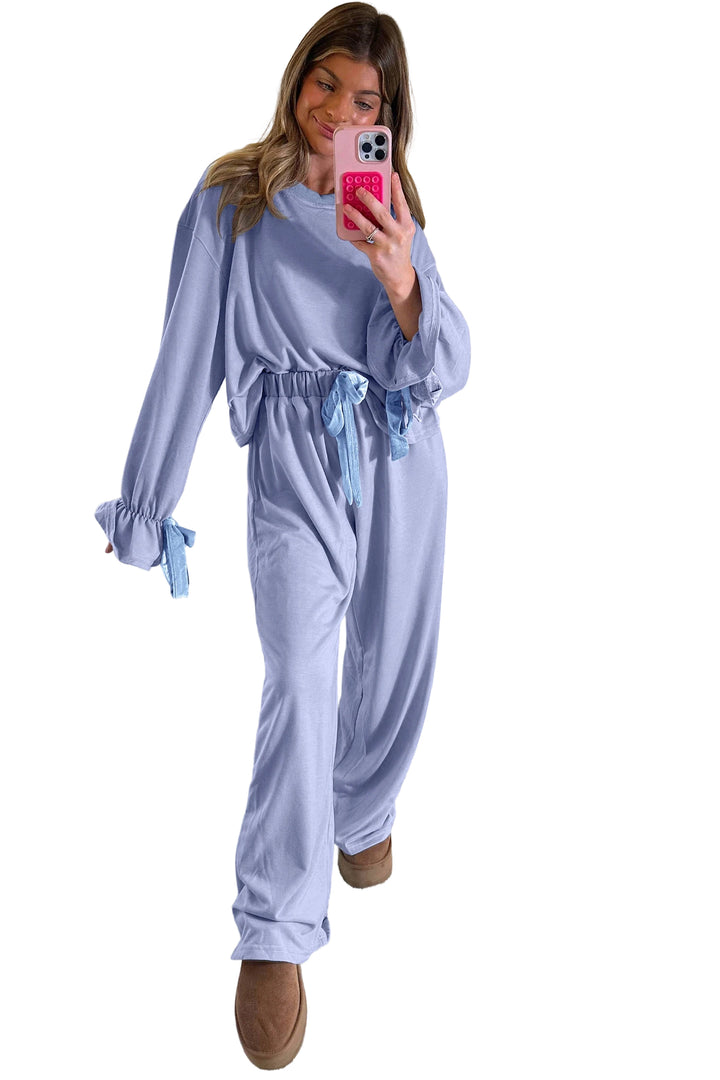 Beau Blue Flounce Long Sleeve Top Drawstring Pants Contrast Velvet Bow Knot 2pcs Lounge Set