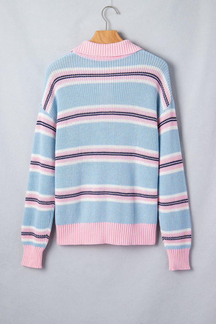 Sky Blue Stripe Striped Button Collar Long Sleeve Shift Fit Winter Knitwear Sweater