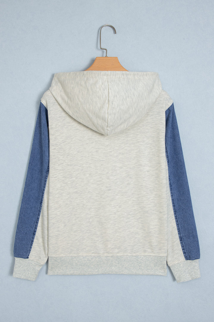 Light Grey Colorblock Denim Sleeve Tunic Pullover Hoodie