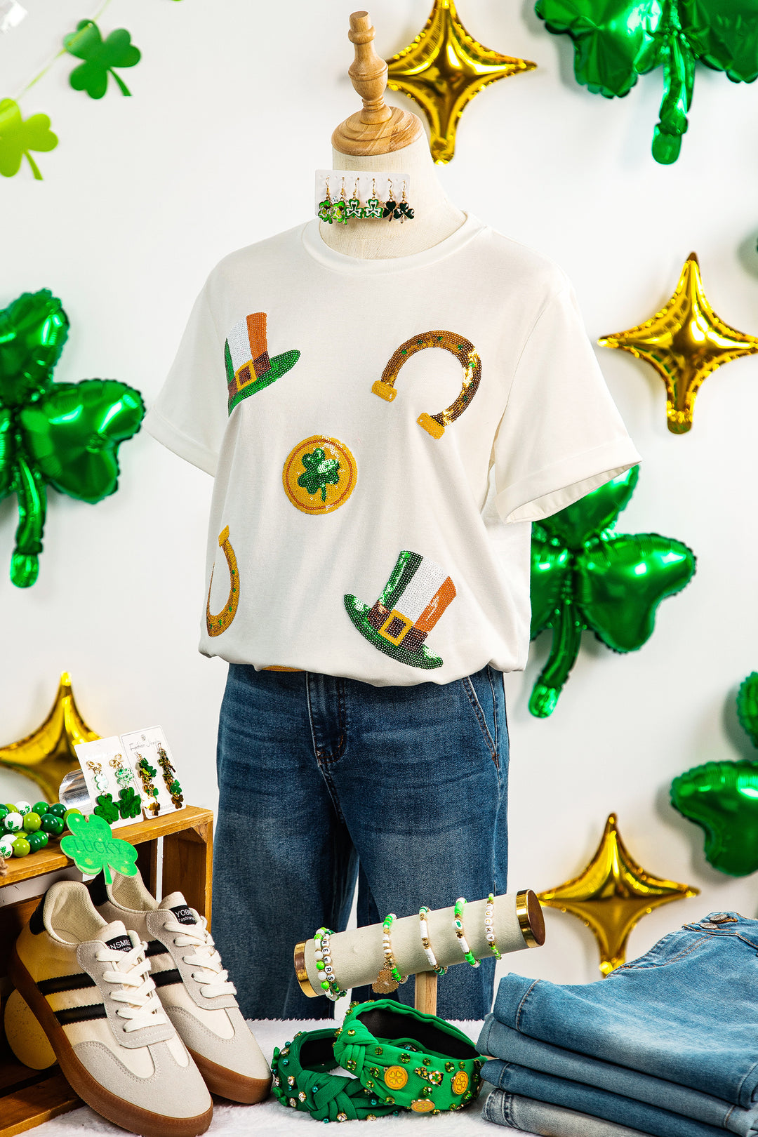 White St Patricks Day Sequin Graphic Casual T Shirt