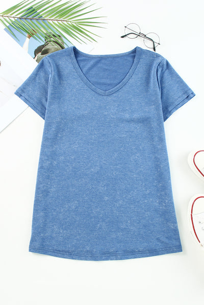 Sky Blue Mineral Washed V Neck Short Sleeve T Shirt