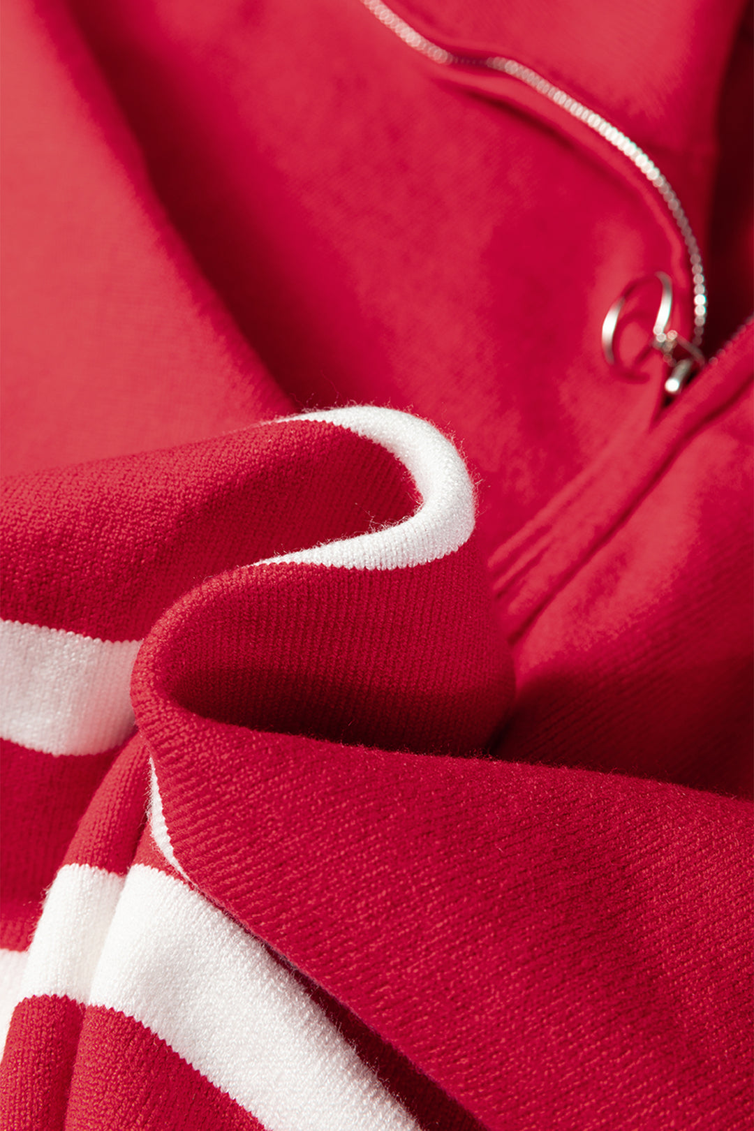 Fiery Red Quarter Zip Striped Detail Short Sleeve Sweater