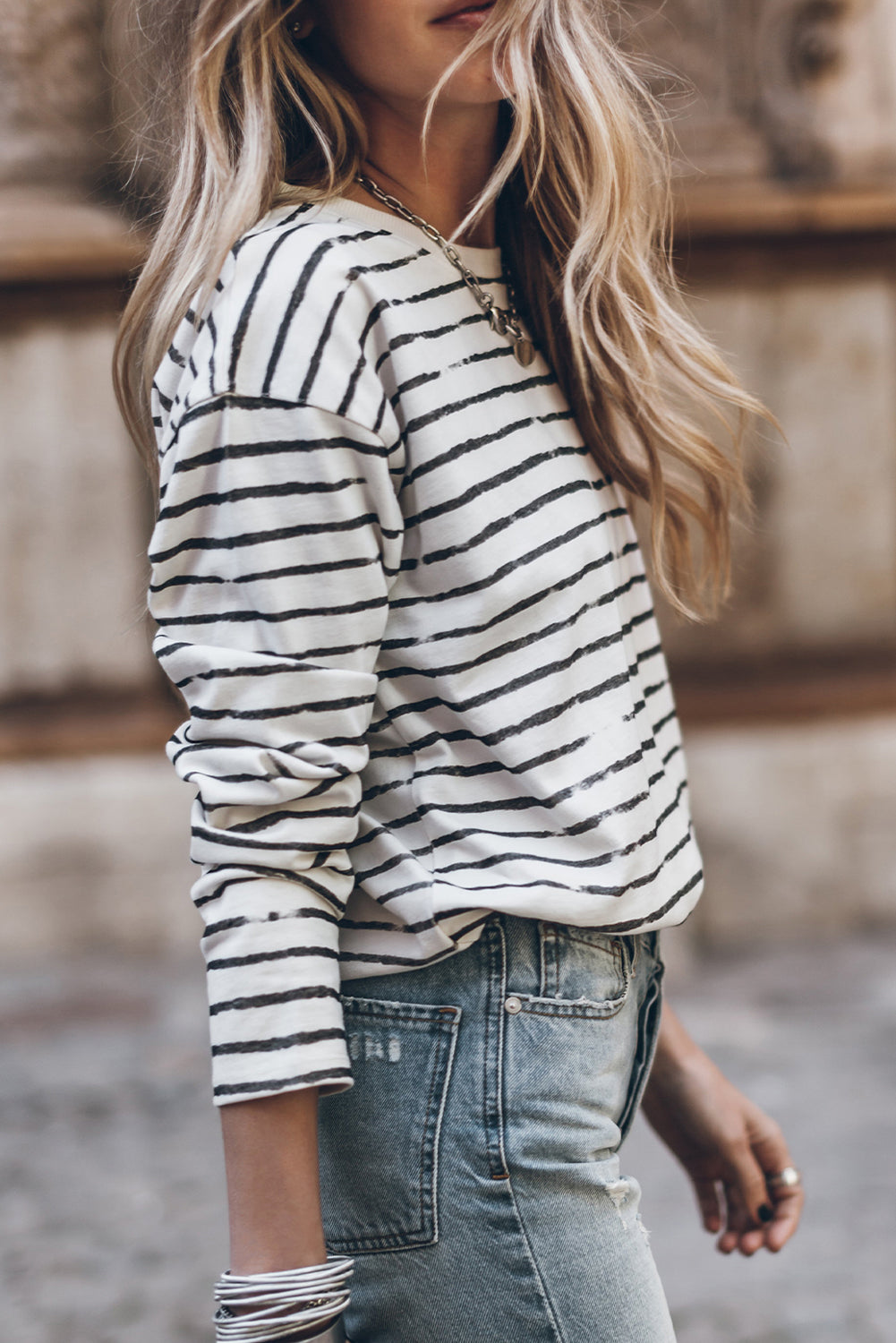 White Retro Striped Casual Long Sleeve Top