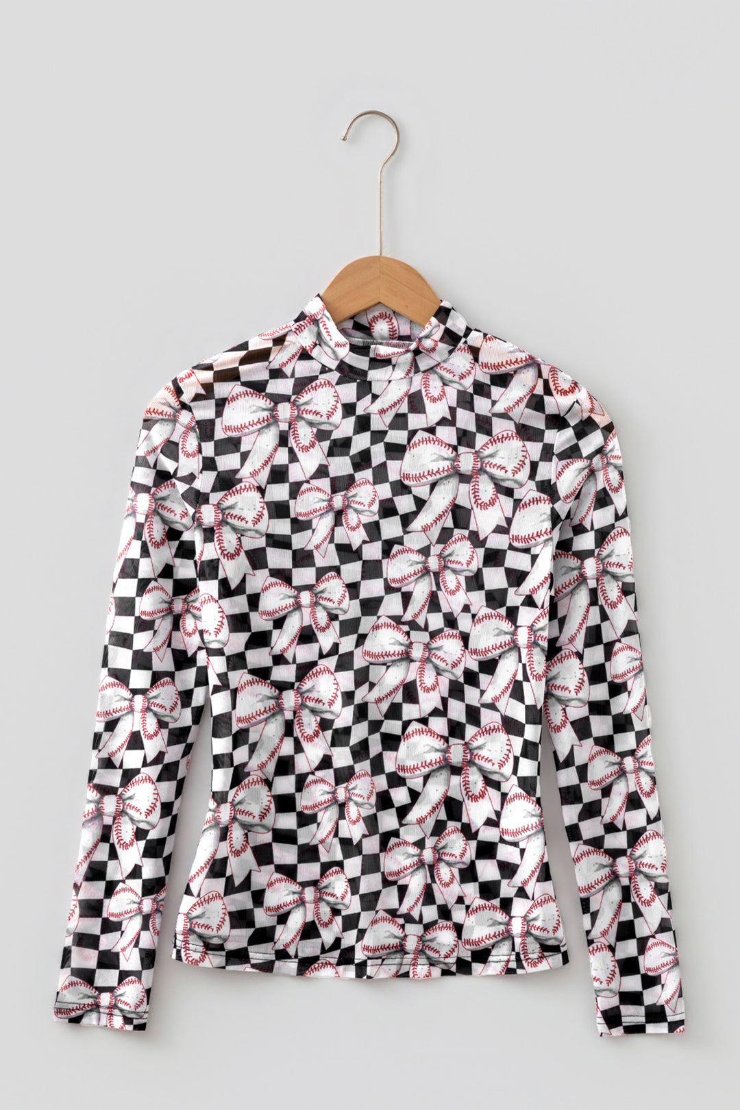 Black High Neck Plaid Baseball Bow Long Sleeve Mesh Top
