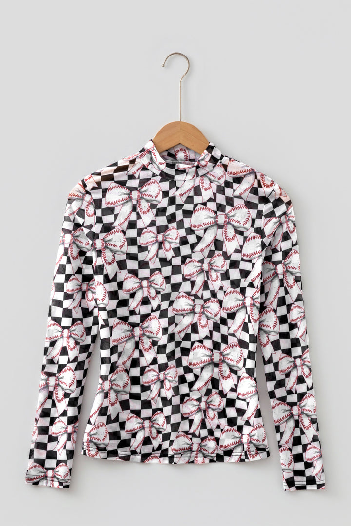 Black High Neck Plaid Baseball Bow Long Sleeve Mesh Top