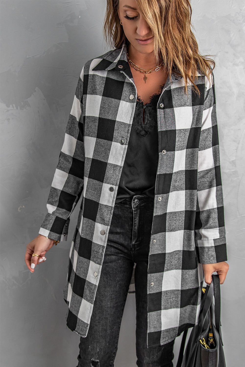 Green Turn-down Collar Plaid Shirt Coat