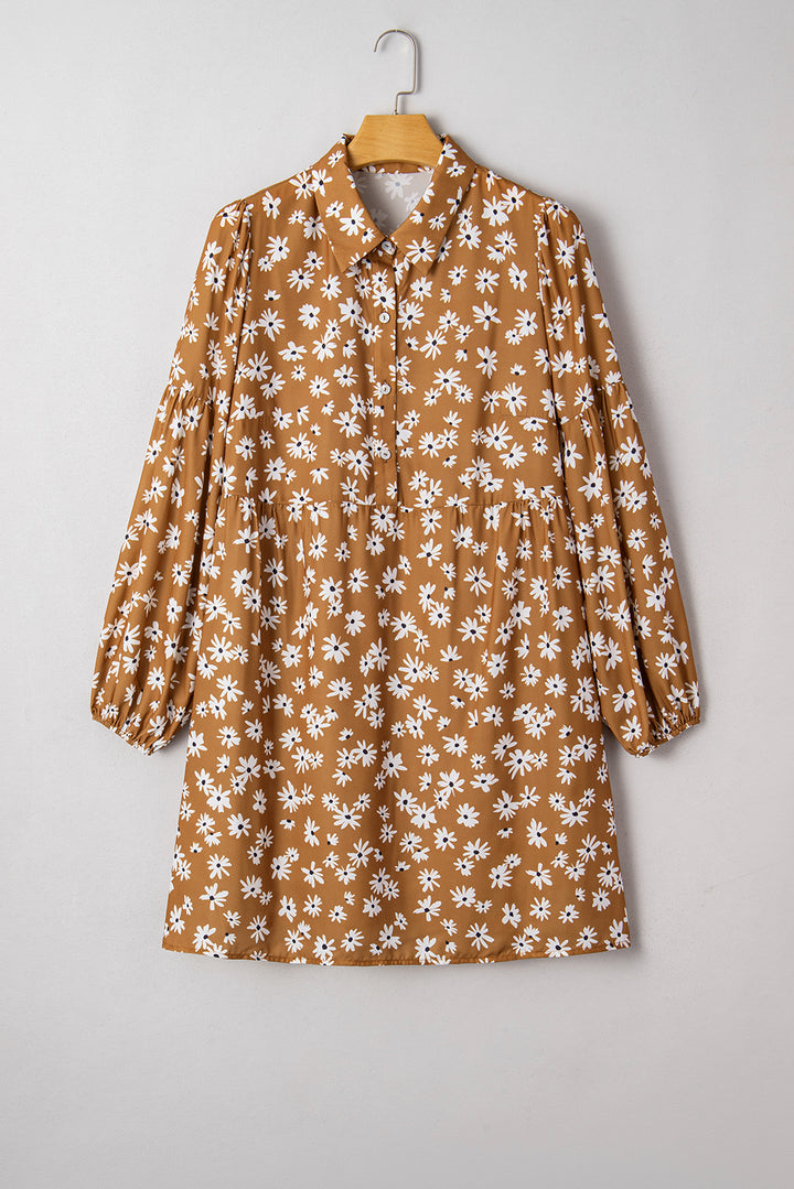 Khaki Plus Size Daisy Floral Print Button Split Neck Puff Sleeve Dress