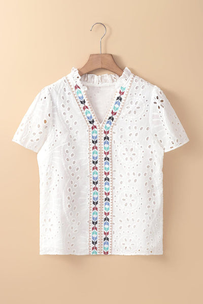 White Geometric Embroidery Hollow Out Blouse