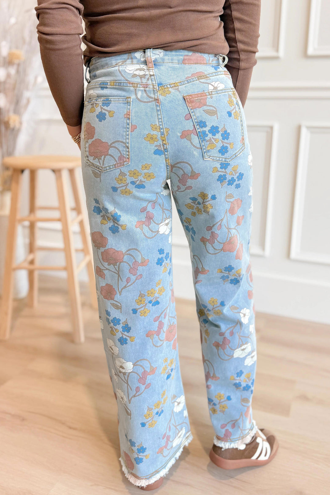 Sky Blue Floral Printed Raw Hem Shift Jeans