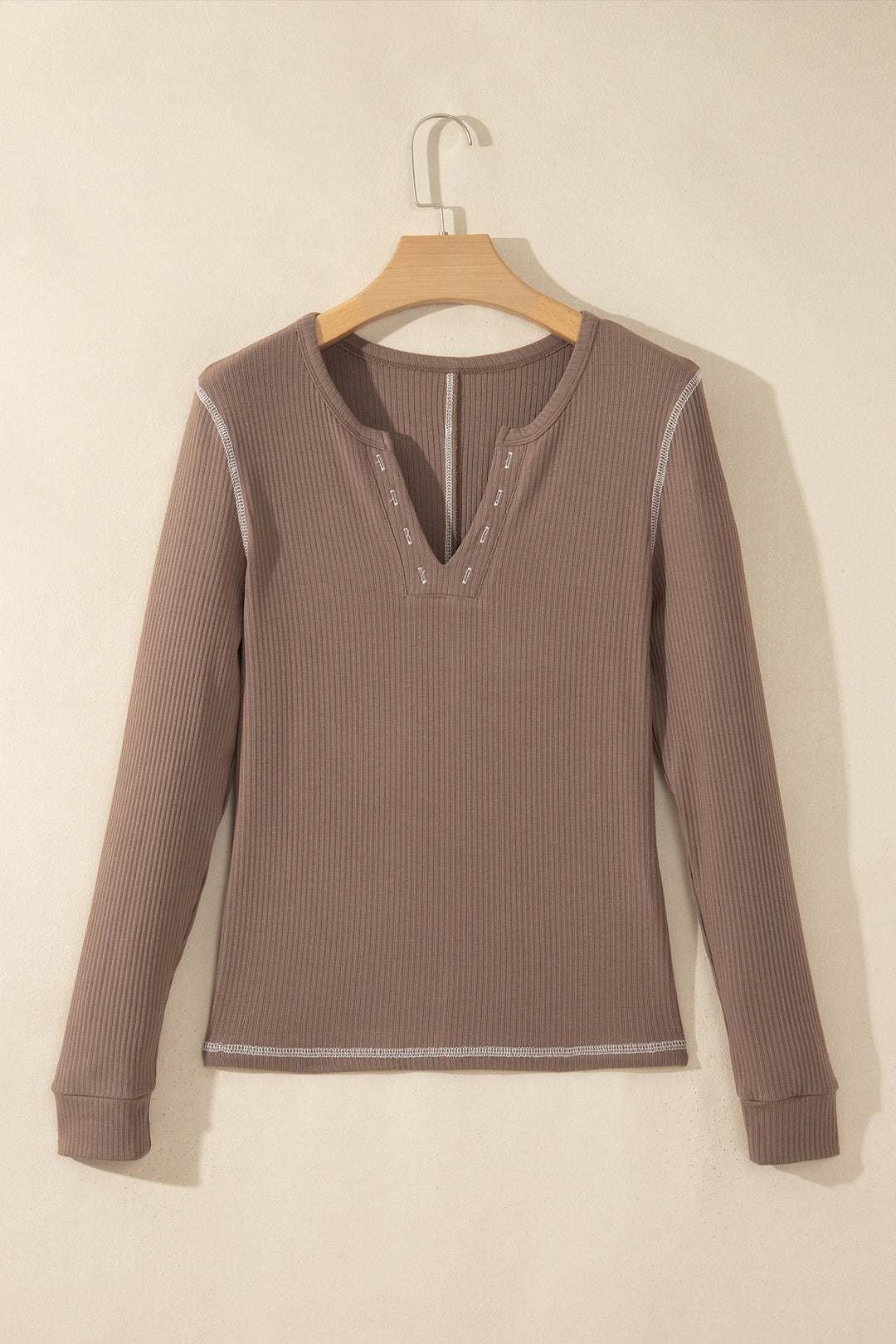 Dark Khaki V Neck Ribbed Stitched Detail Long Sleeve Top