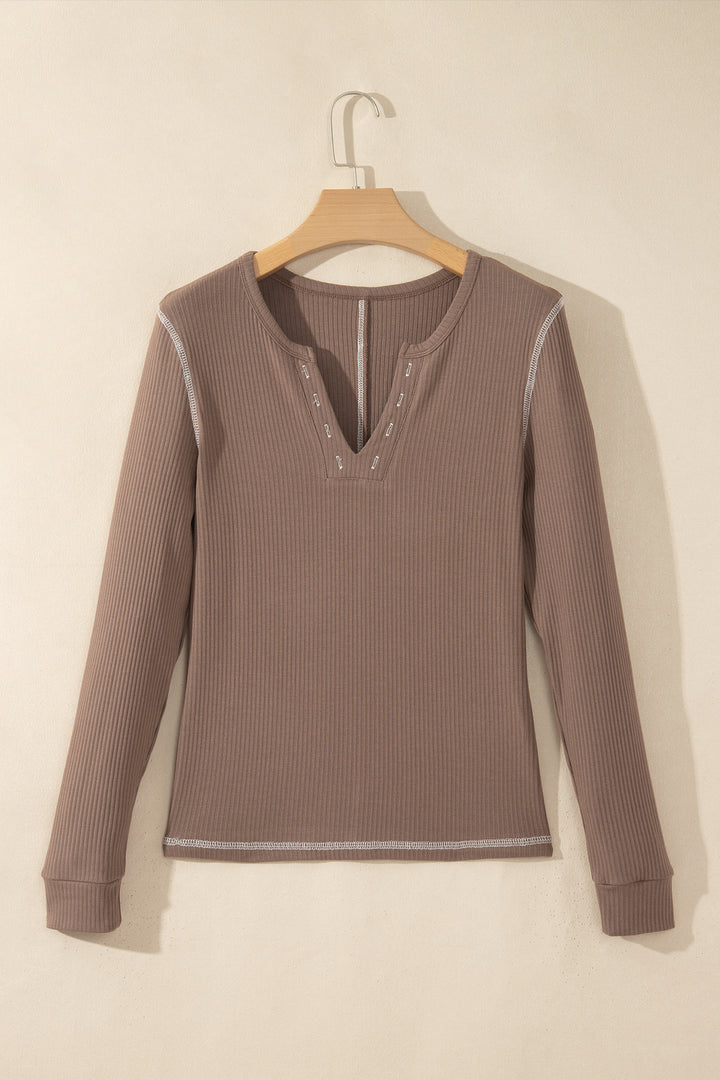 Dark Khaki V Neck Ribbed Stitched Detail Long Sleeve Top