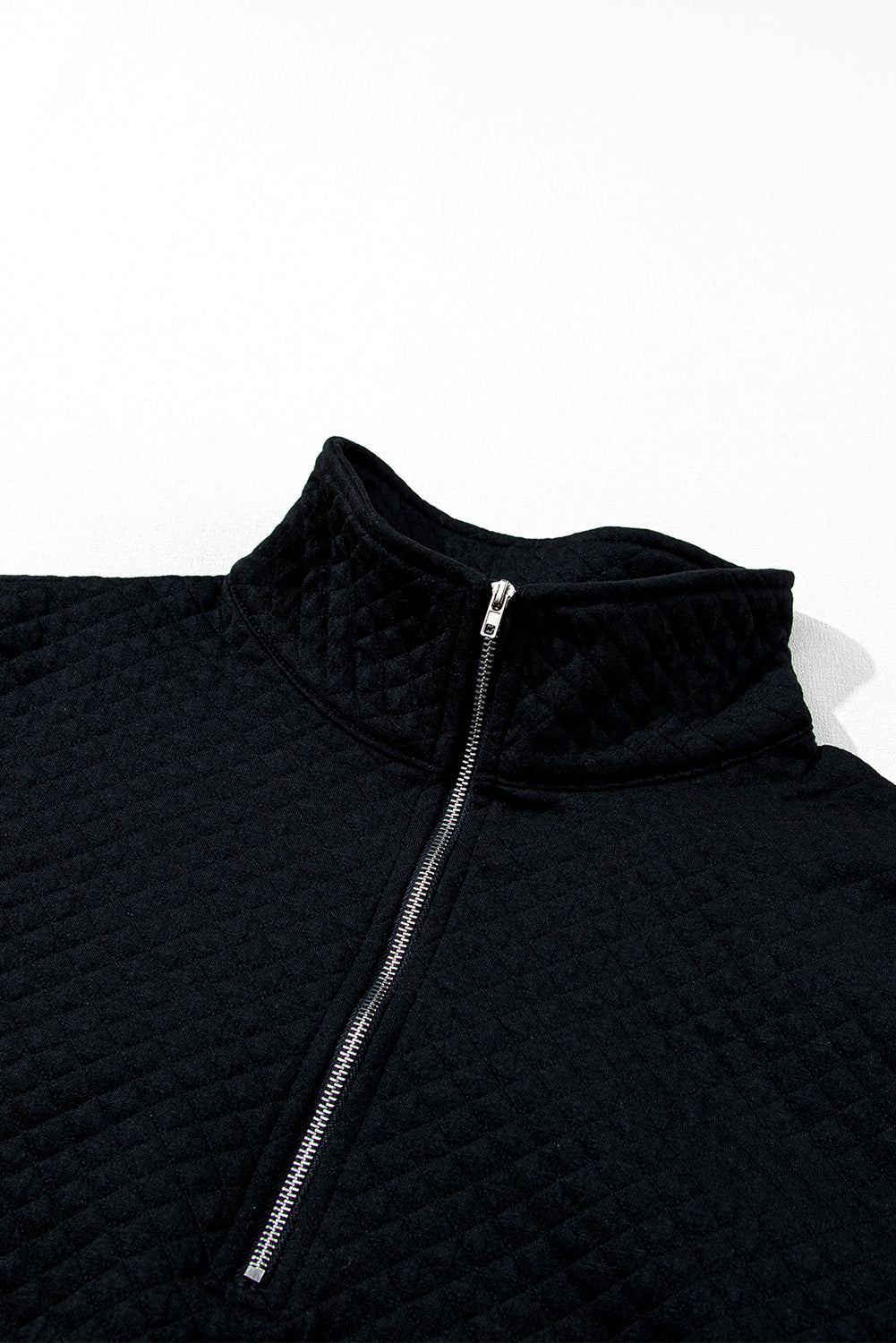 Black Solid Half Zipper Quilted Pullover Sweatshirt