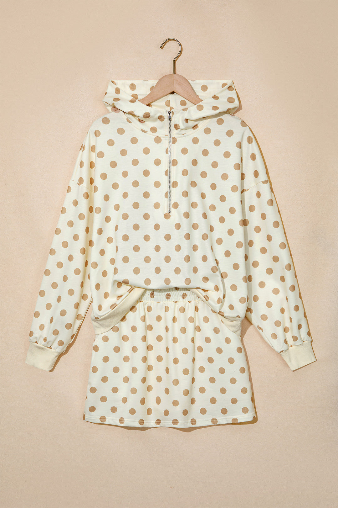 Khaki Polka Dot Hooded Long Sleeve Top Casual Mini Skort Set