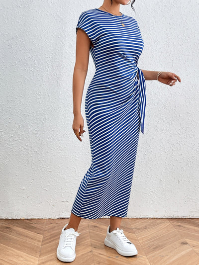 Tied Striped Round Neck Short Sleeve Tee Dress