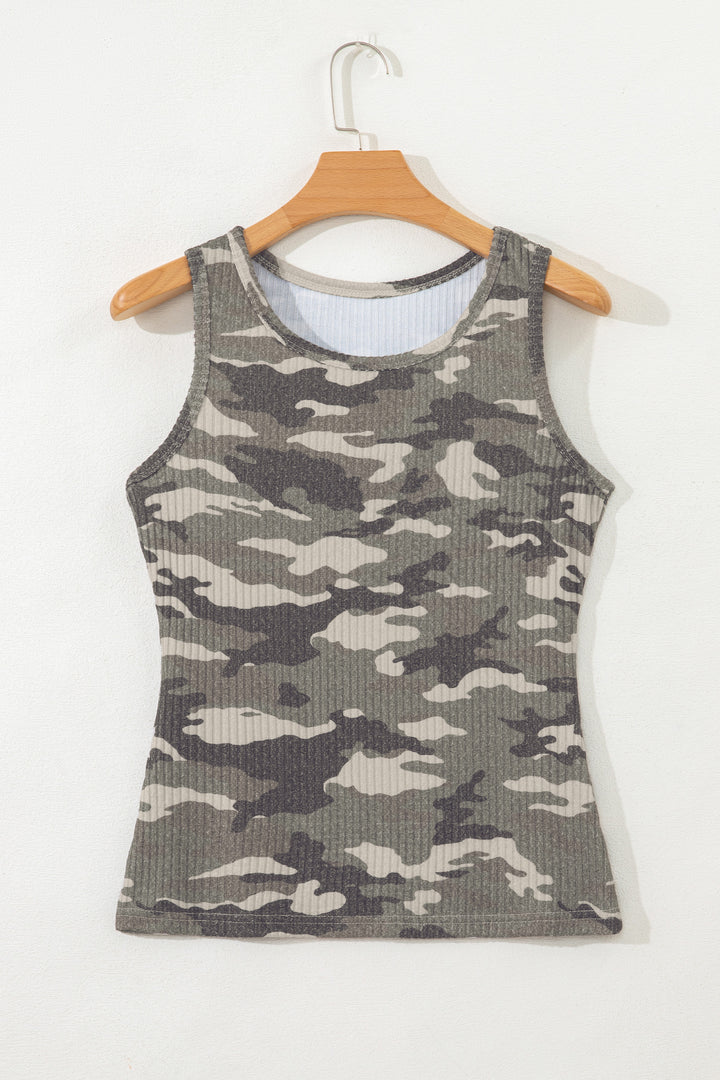 Green Camouflage Print Ribbed Knit Round Neck Tank Top