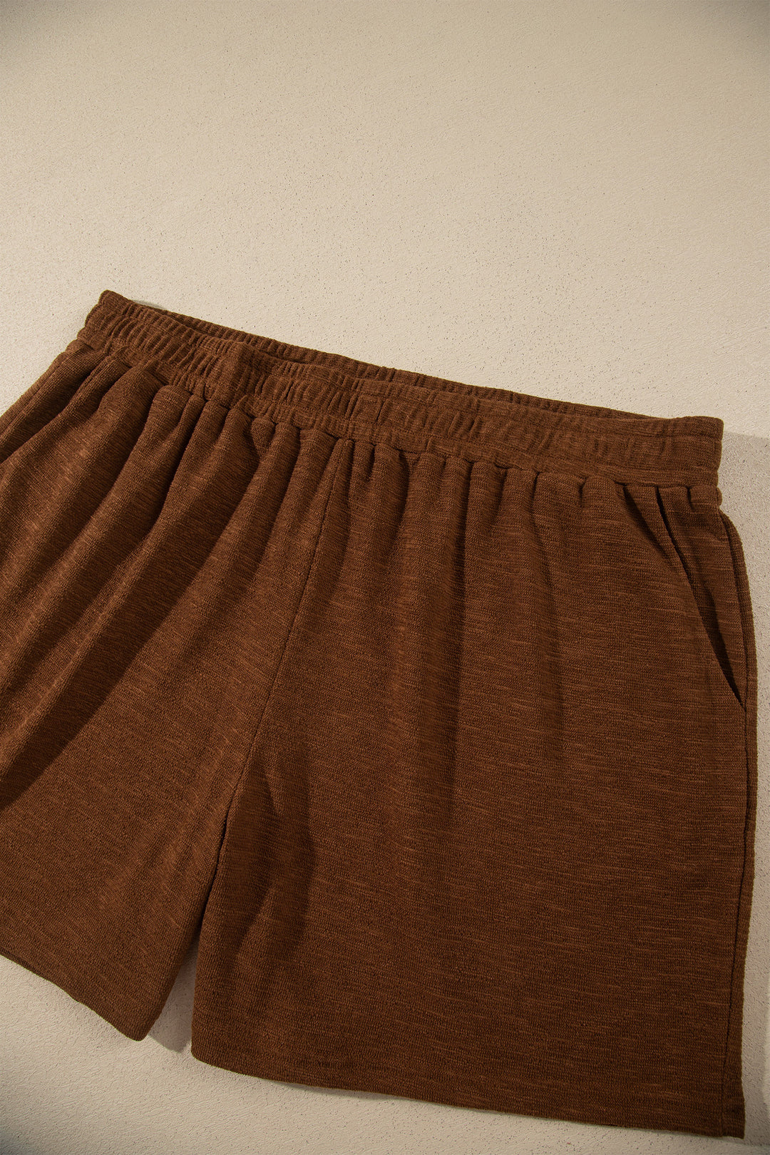 Chestnut Drop Shoulder Long Sleeve Top Elastic Waist Shorts Plus Size Set