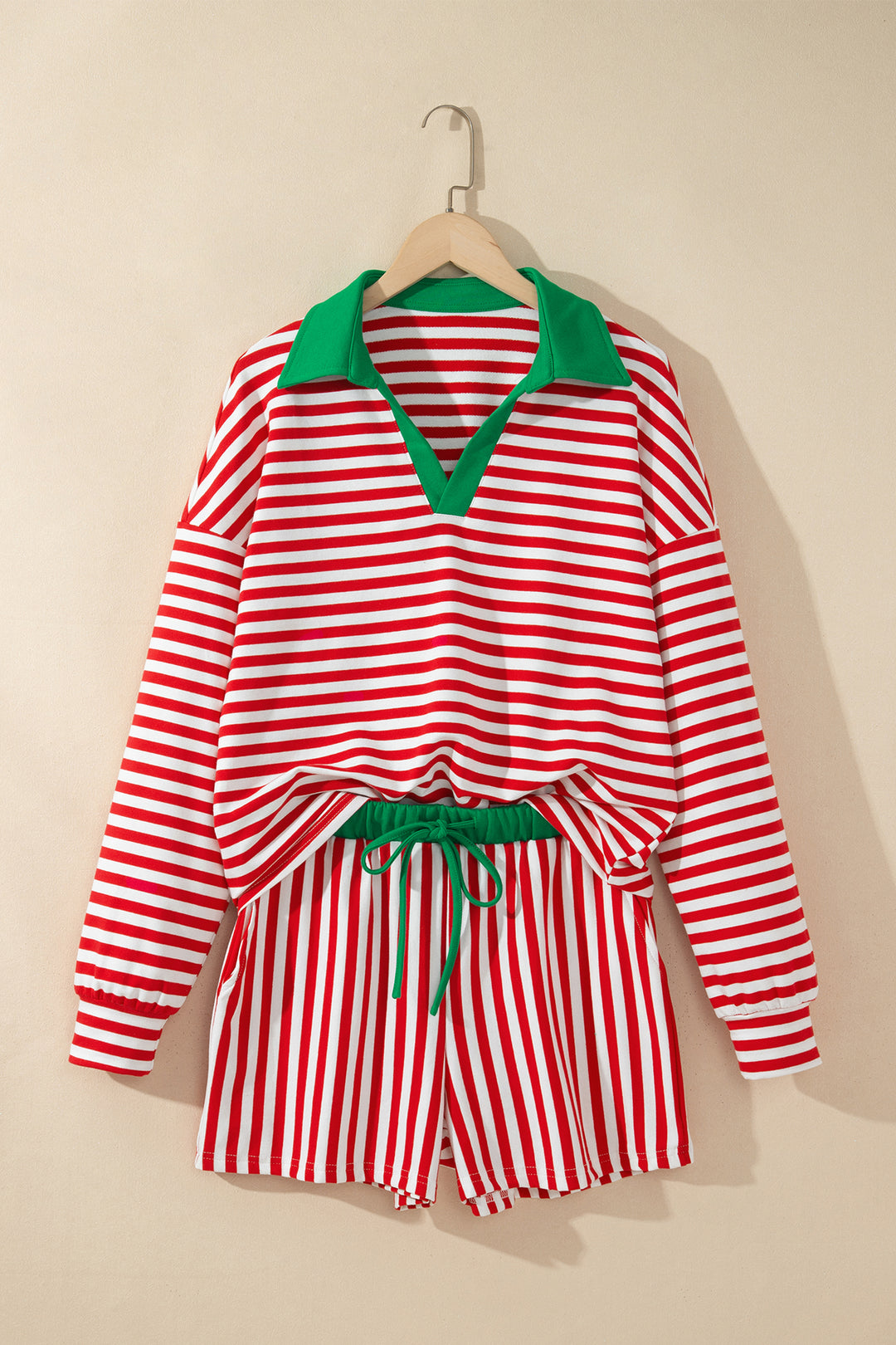 Red Stripe Colorblock Trim Polo Collar Drawstring Elastic Waist Band Casual 2pcs Outfit