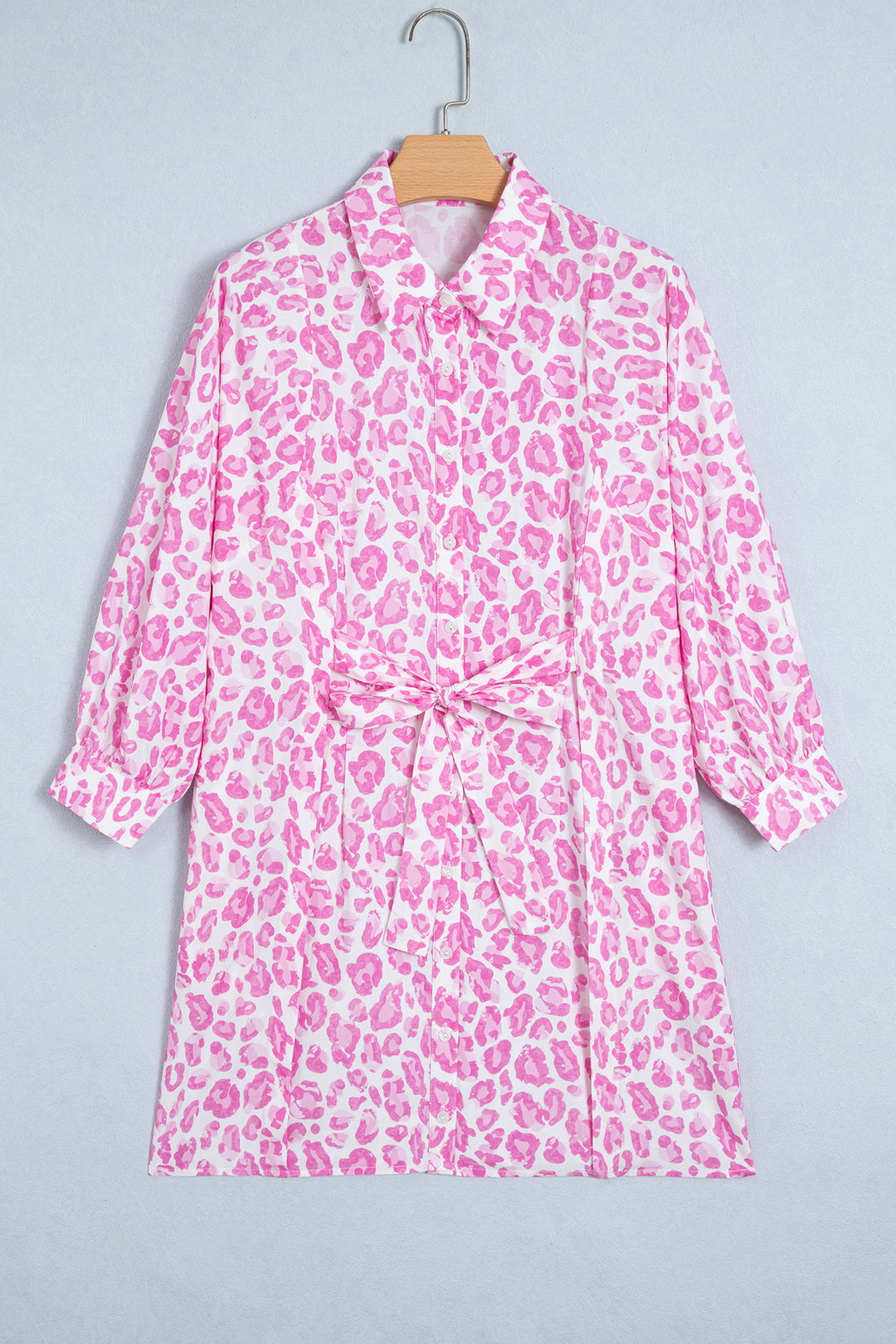 Pink Abstract Leopard Print Tie Waist Puff Sleeve Mini Shirt Dress