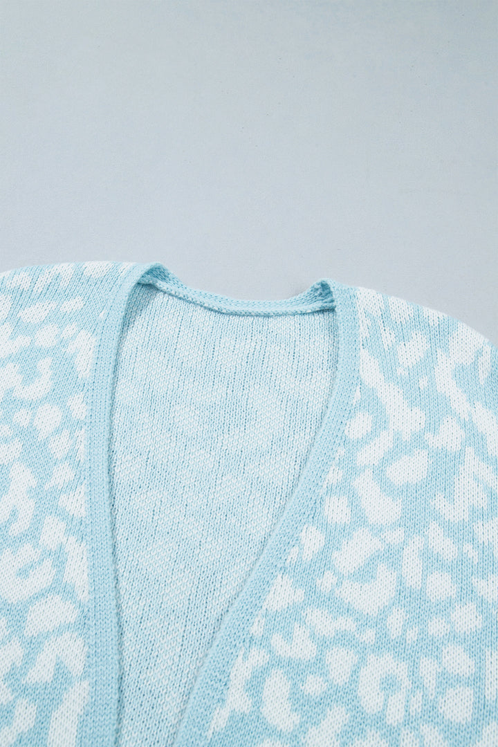 Light Blue Leopard Print V Neck Long Sleeve Loose Fit Knit Cardigan