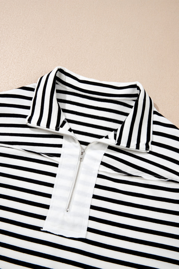 White Stripe Color Block Long Puff Sleeve Metal Zip-Up Collar Top