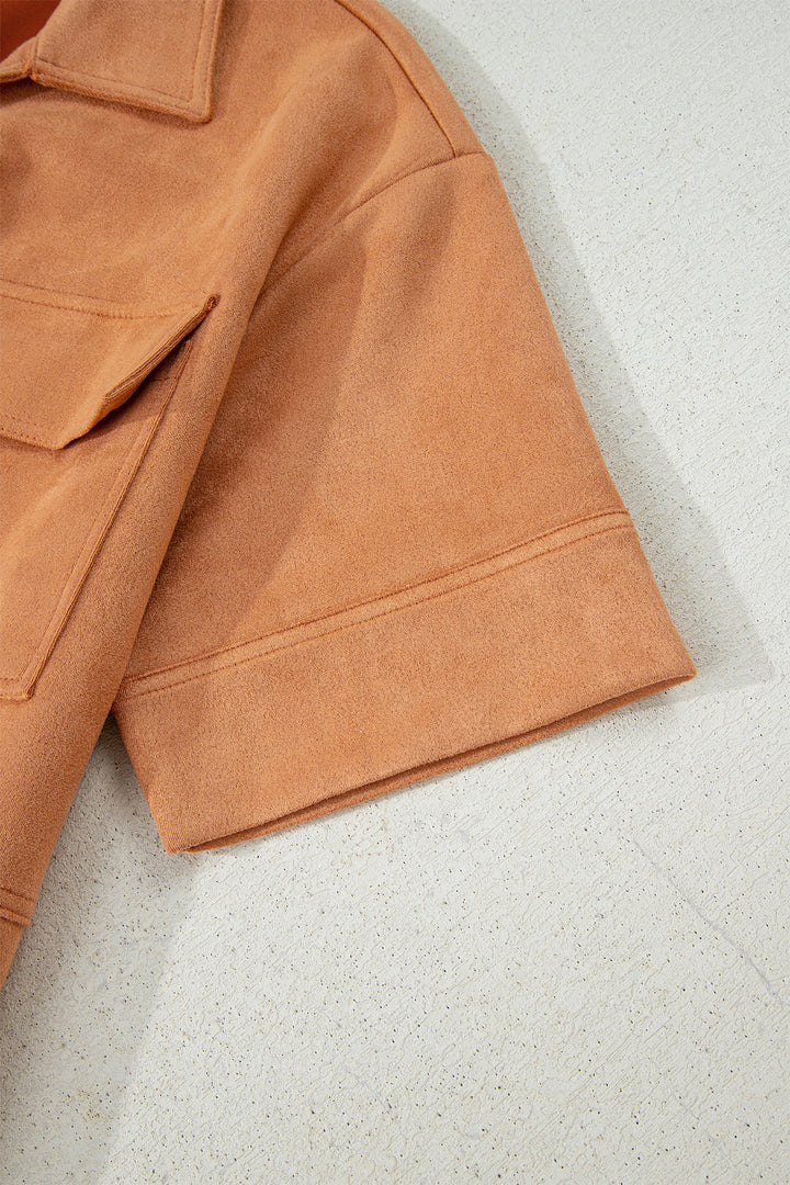 Thai Curry Collared V Neck Faux Suede Short Sleeve Shift Mini Dress