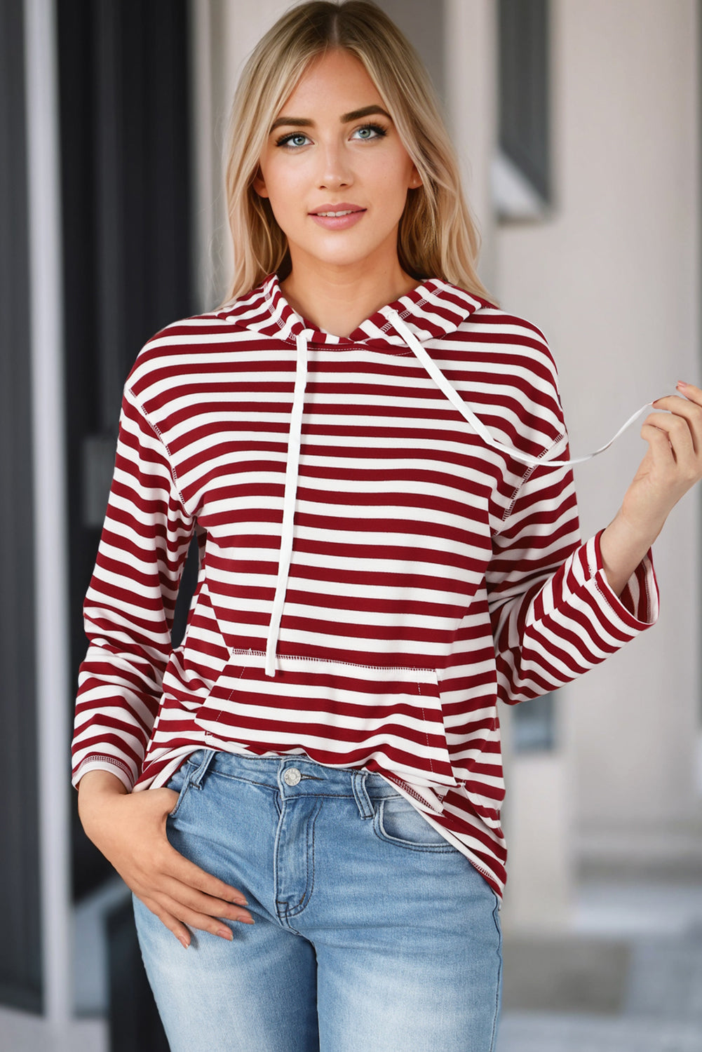 Julia Stripe Kangaroo Pocket Drawstring Hoodie