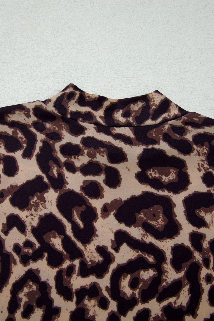 Khaki Leopard High Neck Long Sleeve Western Slim Top