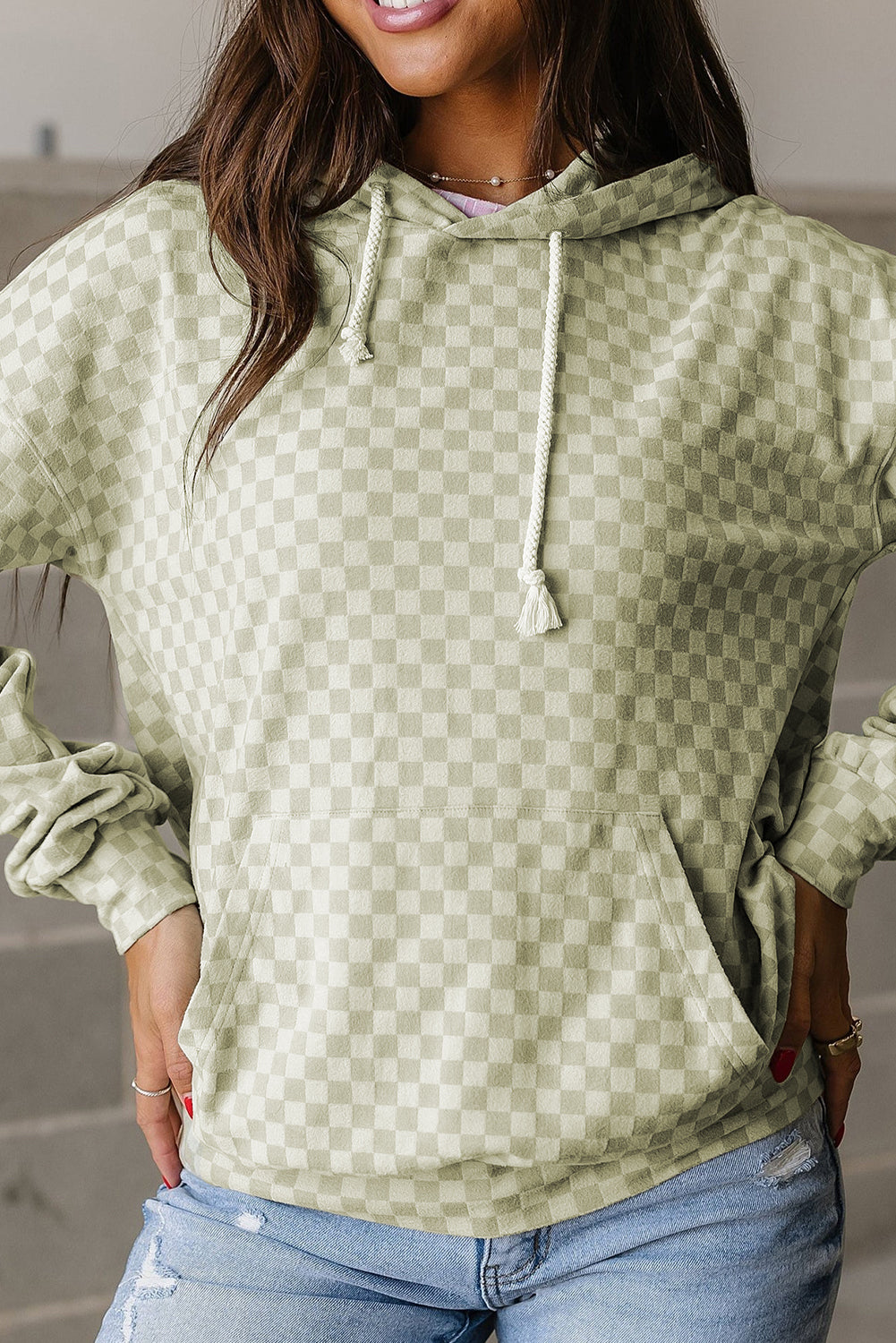 Khaki Checkered Print Kangaroo Pocket Drawstring Hoodie