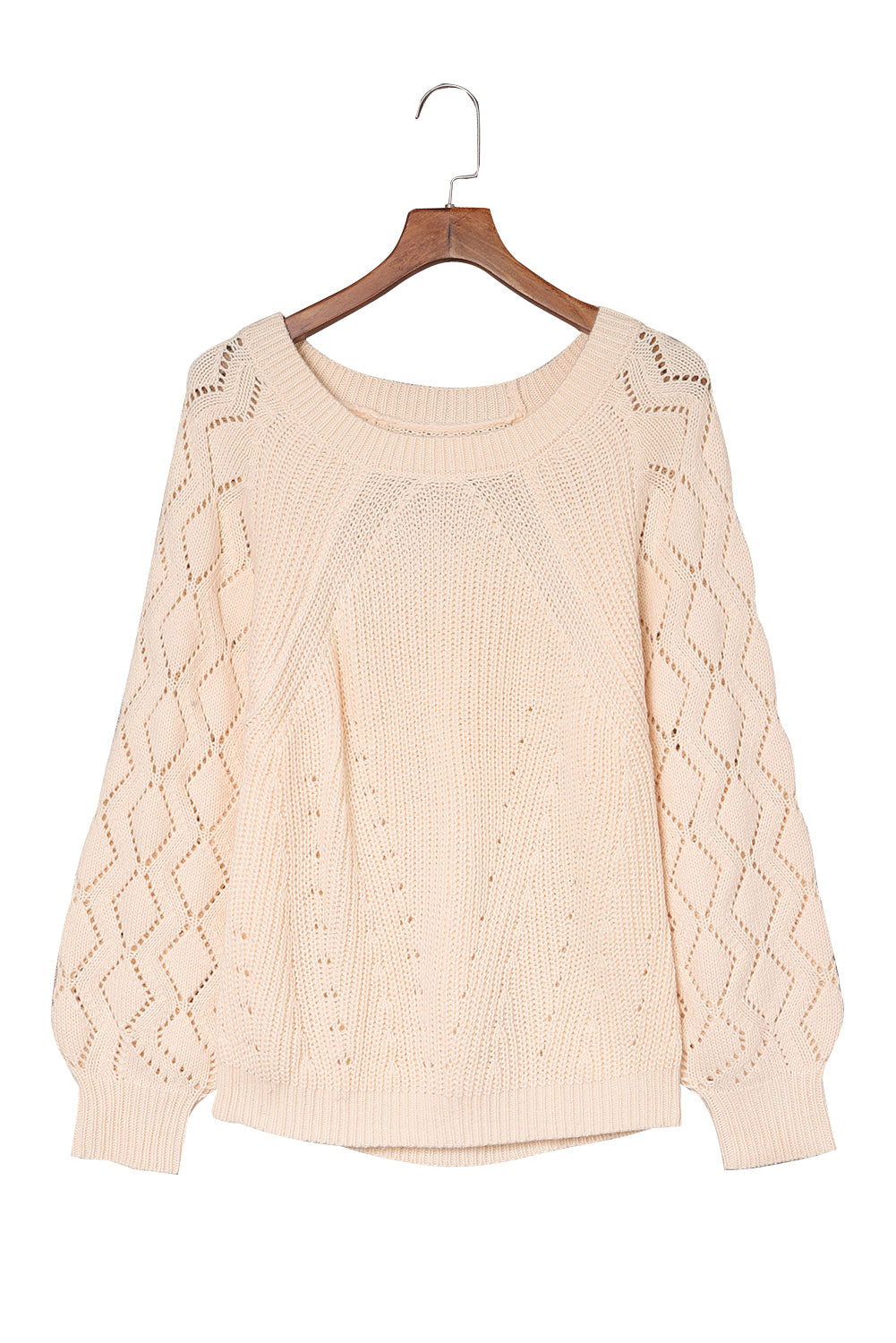 Beige Hollow-out Puffy Sleeve Knit Sweater