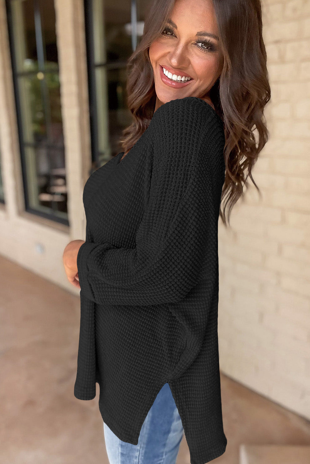 Black Waffle Knit Side Slits Loose Fit V Neck Top