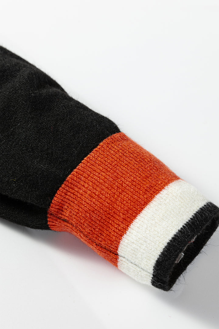 Black Contrast Striped Trim V Neck Varsity Sweater