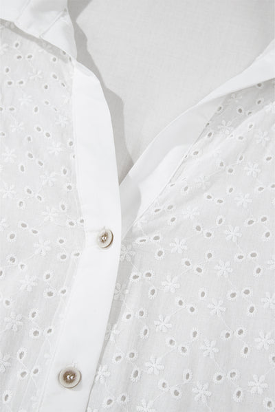 White Floral Embroidered Puff Sleeve Eyelet Patchwork Shirt