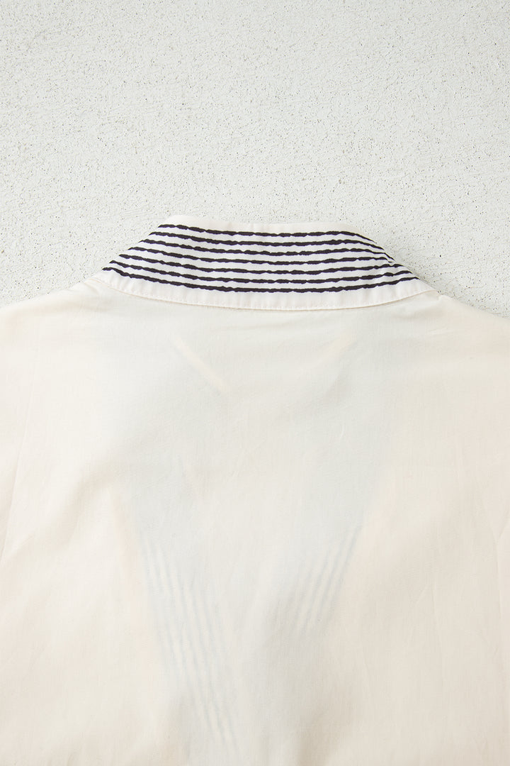 White Floral Puff Sleeve Contrast V Neck Patchwork Blouse