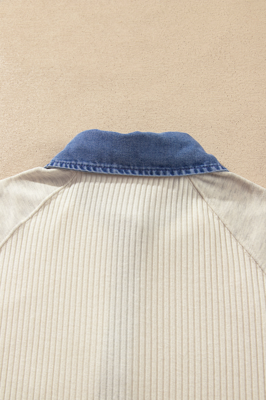 Light Grey Ribbed Denim Colorblock Detail Button Collar Long Sleeve Top
