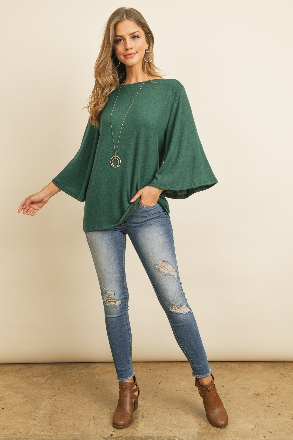 Boat Neck Bell Sleeve Solid Hacci Brushed Top