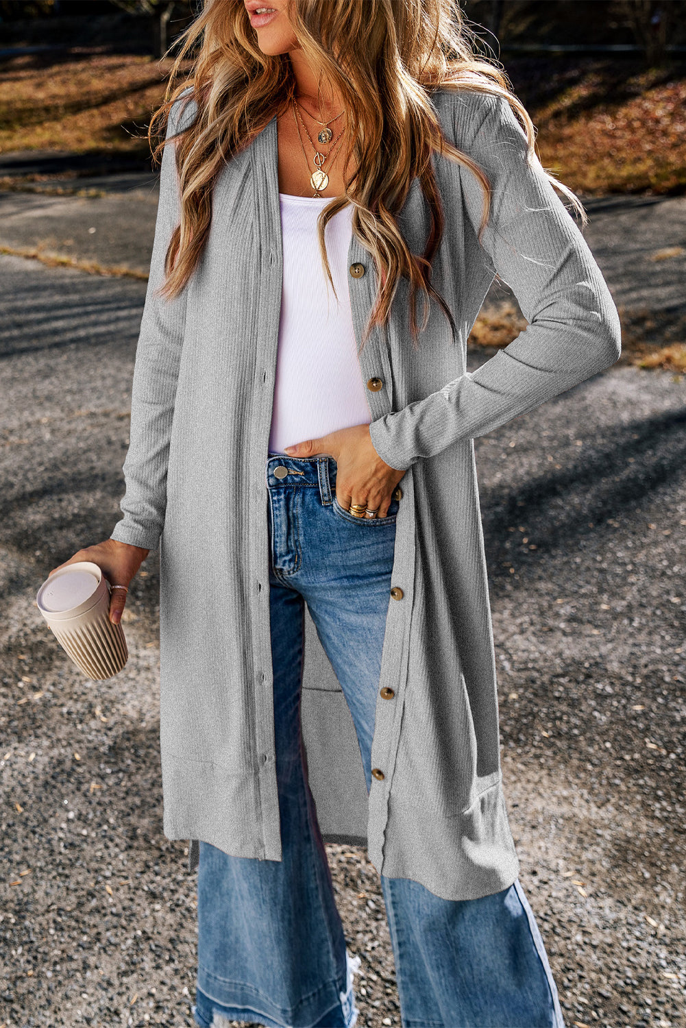 Light French Beige Ribbed Button-Up Split Duster Cardigan