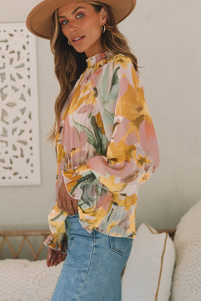 Yellow Floral Print Flounce Sleeve Mock Neck Blouse