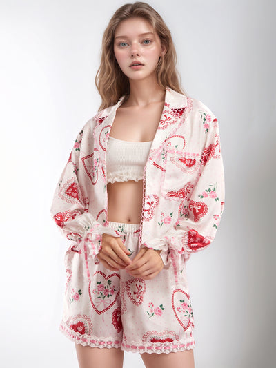 Valentine’s Day Lace Detail Heart Print Collared Neck Top and Shorts Lounge Set