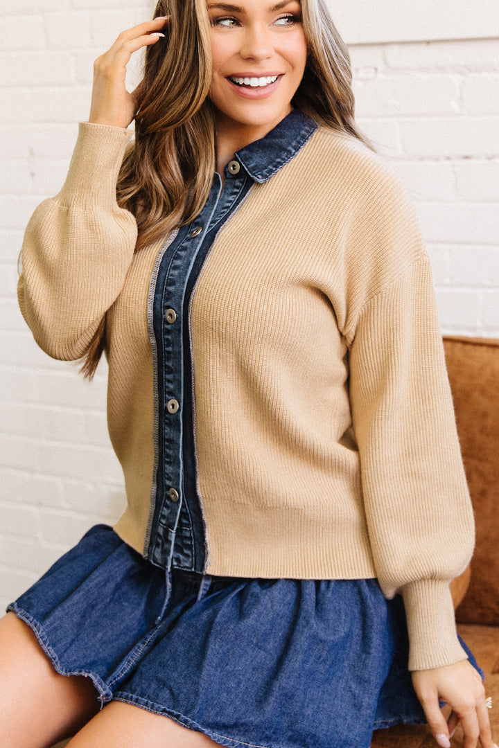 Parchment Drop Shoulder Placket Paneling Shirt Collar Long Sleeve Cardigan