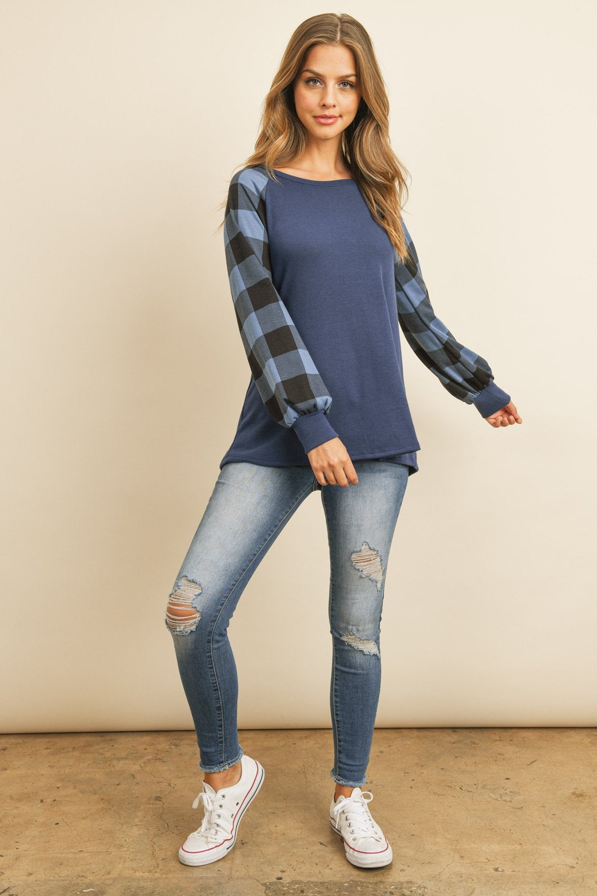 Plaid Puff Sleeved Round Neck Top