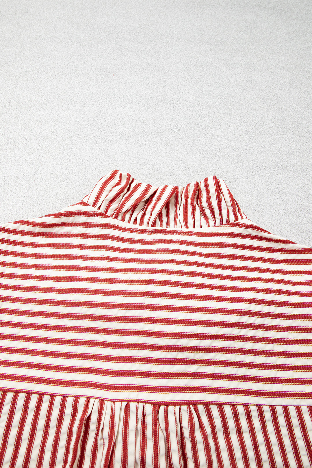 Red Stripe Textured Ruffle Trim Button-Up Long Sleeve Shirt