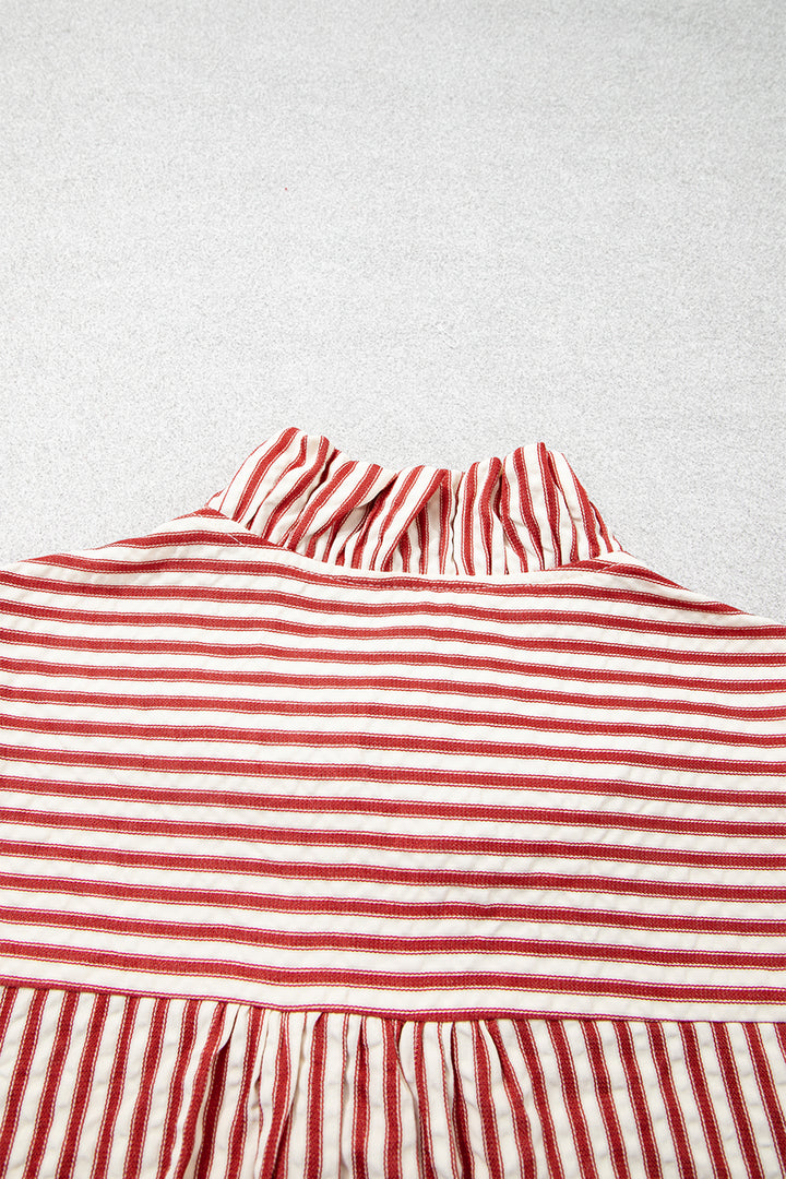Red Stripe Textured Ruffle Trim Button-Up Long Sleeve Shirt