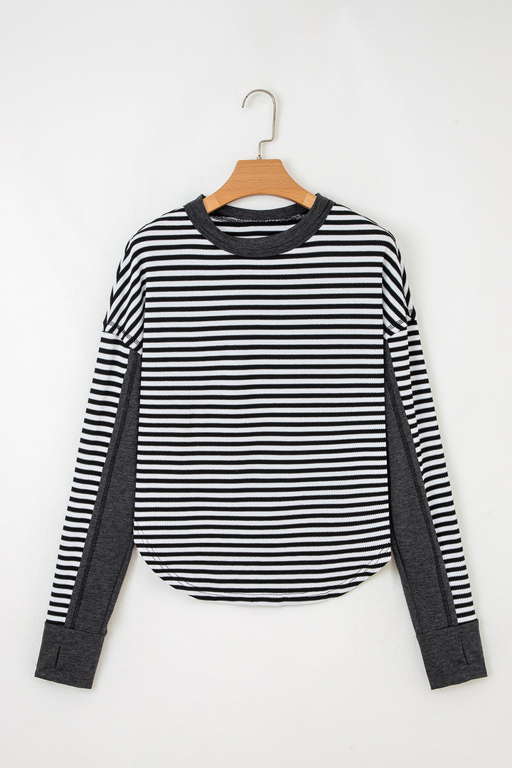 Black Stripe Thermal Knit Drop Shoulder Casual Top