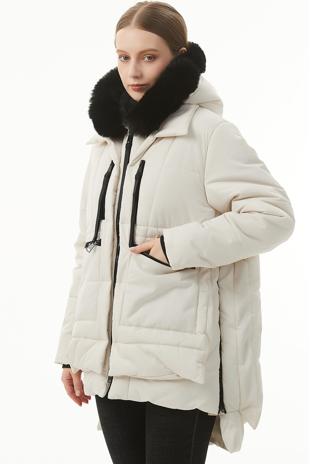 Beige Plush Linen Zip Up Hooded Puffer Coat