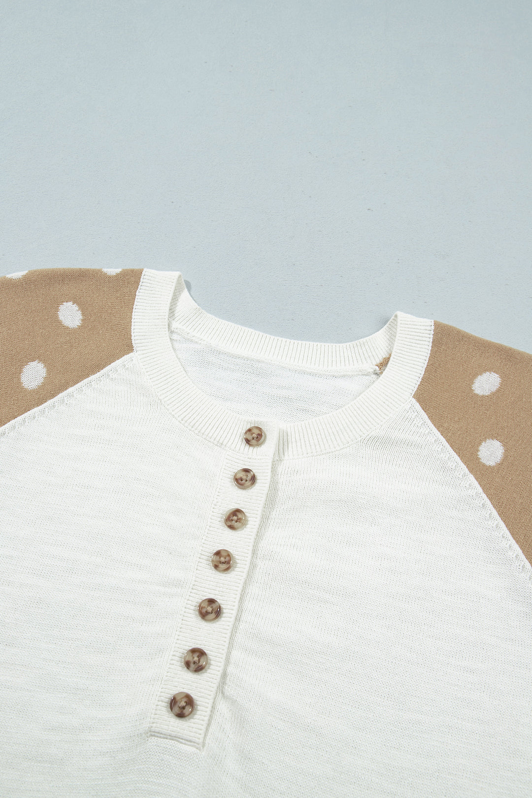 Khaki Polka Dot Contrast Long Sleeve Button V Neck Sweater