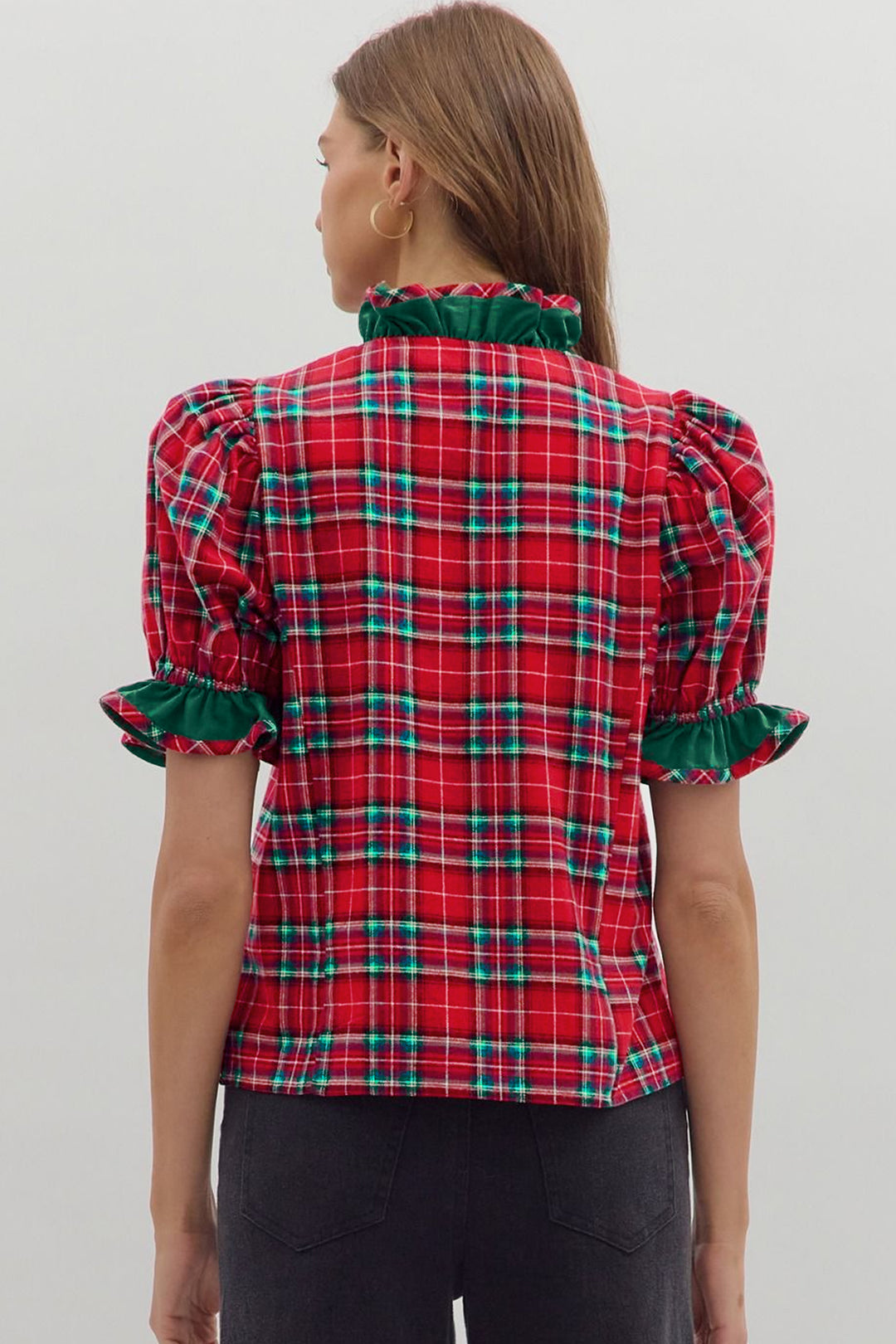 Red Plaid V Neck Ruffle Color Block Trim Short Sleeve Shirt