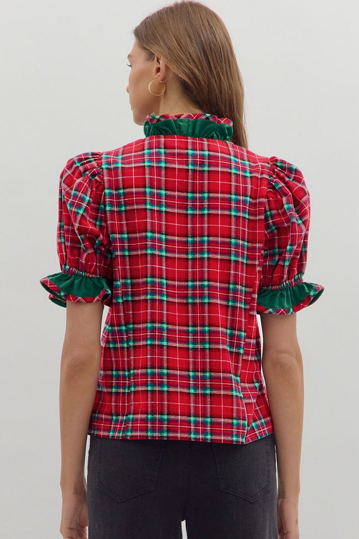 Red Plaid V Neck Ruffle Color Block Trim Short Sleeve Shirt