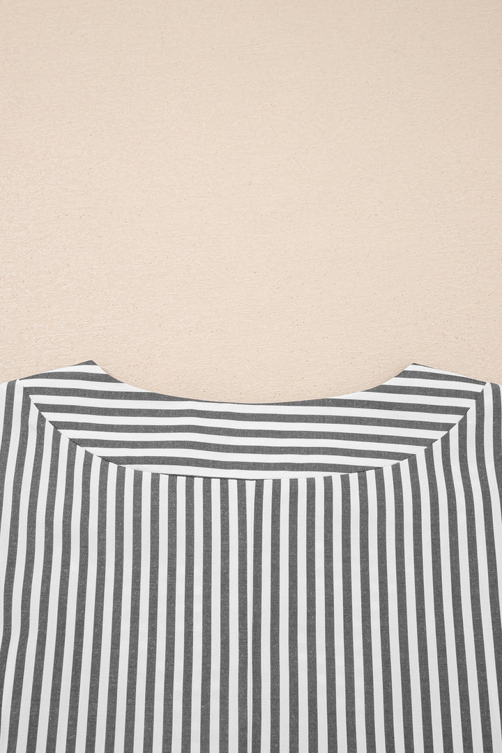 Black Stripe Plus Size V Neck Roll-tab Short Dolman Sleeve Blouse